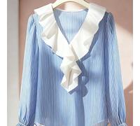 Nouvelle chemise élégante et décontractée à rayures et col volant blanc pour sortir : une rencontre astucieuse entre romance et intellectualité L,M,S,XLGéométriqueTissu tissé