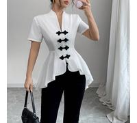 Nouvelle Chemisier Décontracté Coupe Asymétrique Pour Femmes 2024 Avec Design de Boutons Décoratifs Faits à la Main L,M,S,XLBlocs de couleur,UnicoloreTissu tissé