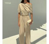 Nouvelle combinaison asymétrique à épaules dénudées plissée de couleur unie abricot, avec une taille cintrée et un pantalon ample L,M,S,XSUnicolorePolyester