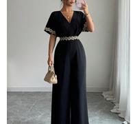 Nouvelle combinaison élégante noire à manches chauve-souris avec taille cintrée, design floral doré et dentelle, pour le printemps/été L,M,S,XLBlocs de couleurTissu tissé