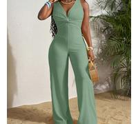 Nouvelle combinaison femme d'été et de printemps de style loisir, avec un design de cintrage au milieu du devant, un col en V profond, un pantalon large et extra long, une texture à rayures jaunes et