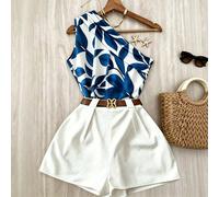 Nouvelle combinaison plissée imprimée polyvalente et décontractée pour femmes, idéale pour les déplacements, assortie à un pantalon blanc et une ceinture. Ensemble de mode printemps/été pour femmes en