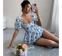 Nouvelle conception Femmes Blouse évasée col carré manches bouffantes taille cintrée ourlet volant Ditsy Ditsy floral Décontracté Élégant L,M,S,XL,XS,XXLFloral,Plantes,Tout ImpriméTissu tissé