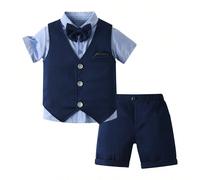 Nouvelle ensemble costume bleu marine pour enfants, tenues de page pour enfants pour mariage d'été, costume chic de petit gentleman 6Y,7Y,4Y,5Y,12-18M,18-24M,2-3YUnicolorePolyester,Viscose