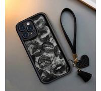 Nouvelle étui de téléphone haut de gamme texturé et épais anti-chute avec imprimé lèvres, avec sangle poignet amovible en forme de cœur, pendentif DIY, pompon, dragonne courte, version internationale,