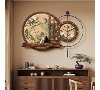 Nouvelle horloge murale décorative de style chinois avec éclairage LED, étagère et vases - Horloge décorative moderne, silencieuse et Zen pour salon, salle à manger et entrée(Brown c,70cm/27.6in)