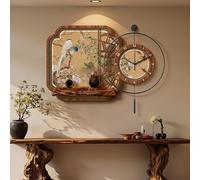 Nouvelle horloge murale décorative de style chinois avec éclairage LED, étagère et vases - Horloge décorative moderne, silencieuse et Zen pour salon, salle à manger et entrée(Brown b,60cm/23.6in)