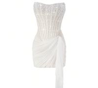 Nouvelle jupe bustier en maille avec perles et strass pour femmes, robe de mariée blanche, robe élégante coupe A, pour banquet, mariage, fête d'anniversaire automne L,M,SPlantesTissu tricoté