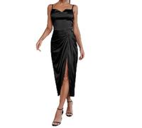 Nouvelle Jupe Longue en Satin avec Poitrine Sexy et Taille Haute, Robe de soirée à Bretelles Fendues - Noir - M