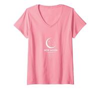 Nouvelle Lune énergie céleste Mystique Nuit étoilée T-Shirt avec Col en V, Femme, Rose, S