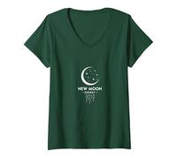 Nouvelle Lune énergie céleste Mystique Nuit étoilée T-Shirt avec Col en V, Femme, Vert Forêt, S
