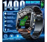 Nouvelle montre connectée 2026 avec batterie 1400 mAh, GPS, appels Bluetooth, étanche 10 ATM, pour natation, sport, course, randonnée, activités de plein air, montre intelligente militaire Brown Leath