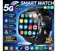 Nouvelle Montre Connectée 4G 5G 2026 pour Hommes, Carte SIM, 8 Go + 128 Go, Écran AMOLED 2,4 pouces, GPS, WiFi, Appels Vidéo, Téléchargement d'Applications Sociales, Smartwatch Android Black