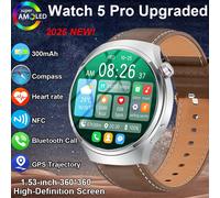 Nouvelle montre connectée 5 Pro 2026 avec GPS, NFC, écran AMOLED HD 360*360, appels Bluetooth, étanche, pour hommes, compatible Android et iOS Brown leather