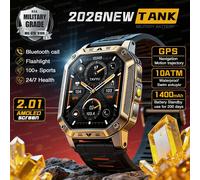 Nouvelle Montre Connectée Militaire GPS TANK 2026 pour Hommes, Écran AMOLED 2,01 pouces, Batterie 1400 mAh, Étanche 10 ATM, Appel SOS, Lampe Torche, Compatible iOS Brown Leather