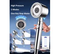 Nouvelle Pomme de Douche Pressurisée 5 Modes avec Filtre, Bouton d'Arrêt, Jets Économiseurs d'Eau, Grande Puissance, Accessoires de Salle de Bain 1.5m Sliver Hose