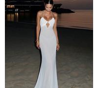 Nouvelle robe de cocktail élégante blanche à bretelles spaghetti, col en V, dos nu/robe de soirée/robe sirène pour mariage d'automne L,M,S,XL,XSUnicoloreMousseline