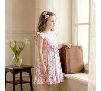 Nouvelle robe de princesse pour fille française jeune, nourrisson et bambin de 4 à 7 ans pour le printemps/été. Nouvelle robe élégante avec motif floral aquarelle abondant donnant une impression de pr