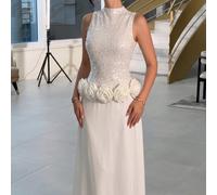 Nouvelle robe de soirée élégante et Top de gamme pour femmes, robe de cérémonie de luxe avec paillettes et décoration florale 3D, gracieuse et sophistiquée, blanche, pour mariage et fête d'automne L,M