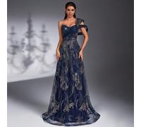 Nouvelle robe de soirée formelle en tissu bleu marine de luxe et élégante, fortement perlée et brodée, avec une conception d'épaule structurée. Convient pour les dîners de gala, les fêtes, les enterre