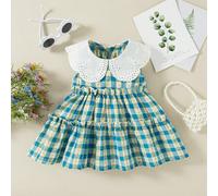 Nouvelle robe d'été à la mode pour bébé fille, robe décontractée pour bébé fille avec col claudine en dentelle à carreaux fraise 6-9M,9-12M,12-18M,18-24M,2-3YGéométrique,VichyPolyester