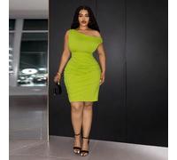 Nouvelle robe d'été élégante & gracieuse, coupe slim, vert matcha, épaule asymétrique, taille froncée, décoration boucle métallique, tissu tricot extensible moulant, grande taille pour femmes, robe co