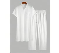 Nouvelle robe d'été pour hommes à manches courtes, col montant, demi-patte de boutonnage, mi-longue, ample et respirante. Assortie à un pantalon long texturé unicolore. Tenue traditionnelle du Moyen-O