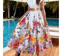 Nouvelle robe élégante à fleurs pour femmes, col rond, taille ajustée, boutons, coupe évasée L,M,S,XL,XXLTissu tissé