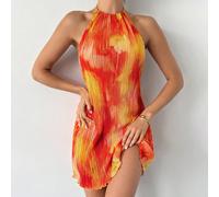 Nouvelle robe élégante orange pour femmes avec imprimé plissé, fines bretelles et dos nu, convient pour les sorties, les vacances, la plage, les garden-parties et les dîners à l'extérieur L,M,S,XSBloc
