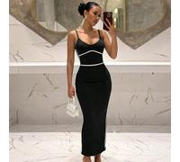 Nouvelle robe longue d'été décontractée et élégante, coupe slim, camisole côtelée verte avec sangles blanches, best-seller pour femmes, convient pour le port quotidien, les festivals de musique, les f