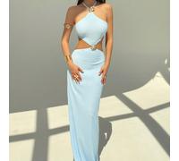 Nouvelle robe longue moulante sans dos et ajourée pour vacances à la plage, robe sexy avec décoration de coquillage bleu L,M,S,XSUnicoloreTissu tricoté