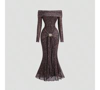 Nouvelle robe maxi à épaules dénudées ajustée avec imprimé léopard et boutons décoratifs en métal, convient pour les fêtes et les galas L,M,S,XSMotif texturéTissu tricoté