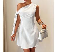 Nouvelle robe mini femme blanche élégante à une épaule avec ceinture taille ajustée, ligne A. Convient pour le quotidien, les vacances, les voyages, les sorties, la saison des mariages, les invités de