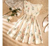 Nouvelle robe sans manches d'été pour filles, robe à taille plissée à fleurs douces, robe de princesse de style pastoral abricot, confortable et respirante, convient aux grandes filles 8Y,9Y,10Y,11Y,1