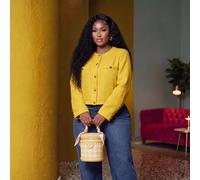 Nouvelle style début d'automne élégant, concert, port quotidien, saison des mariages, cocktail, rendez-vous, fête d'anniversaire et autres occasions, veste courte en tissu tweed jaune unicolore à manc