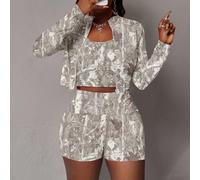 Nouvelle veste ajustée à manches longues avec fermeture éclair & débardeur & short moulant 3 pièces/Sortie/Rentrée scolaire/Y2K/Streetwear/Décontracté/Camouflage pour femmes été/automne L,M,S,XL,XSPla