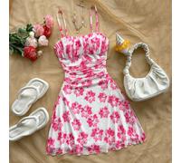 Nouvelles arrivées Robe Mini Débardeur en Tricot Plissé à Imprimé Floral Rose, Convient pour la Plage, l'Ouest, les Festivals de Musique, le Style Bohème d'Été L,M,S,XL,XS,XXL,XXS,XXXL,XXXXLFloral,Pla