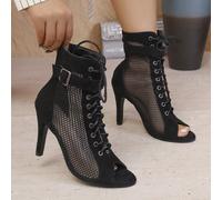 Nouvelles bottes de cheville à la mode pour femmes, respirantes et aérées, avec dentelle ajourée, fermeture éclair décorative, bout ouvert antidérapant et talon haut fin. Chaussures de danse sexy au s