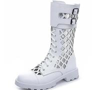 Nouvelles Bottes Sandales D'été Pour Femmes Bottes De Motardes À Talons Compensés Cuissardes Plates Avec Fermeture Éclair Sur Le Côté Et À Talons Hauts(White,42)