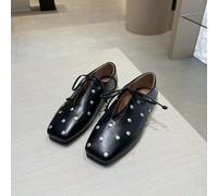 Nouvelles chaussures à clous ronds à lacets pour le début du printemps et l'été, chaussures plates rétro à bout carré et chaussures d'été tout-match, élégantes chaussures en peau de mouton française D