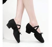 Nouvelles chaussures de danse pour femmes à talon moyen-bas de 3 cm, couleur noire, lacets à cordon, bouche élastique. Chaussures de sport à semelle intérieure en fourrure, chaussures de danse pour pr
