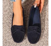 Nouvelles chaussures plates en daim tricoté bleu marine pour femmes, plates-formes élégantes à nœud tridimensionnel en daim imitation, mocassins confortables toute saison en couleur unie, chaussures d