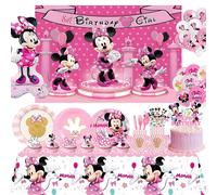 Nouvelles fournitures de fête d'anniversaire Minnie : vaisselle en papier, gobelets, assiettes, nappe rose, décorations Minnie pour anniversaire, ballons, cartes, chapeaux, sacs cadeaux 124pcs