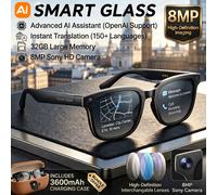 Nouvelles Lunettes Intelligentes 2026 avec Caméra HD 4K 8MP, IA, Batterie Externe 3600mAh, Mémoire 32G, Traduction 160+ Langues, Étanche, pour Hommes et Femmes Black Sunglasses A