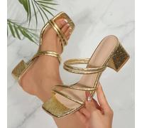 Nouvelles sandales à talons hauts mode femme, bride dorée polyvalente à double bride, bout ouvert carré, talon épais. Tenues printemps été CN35,CN36,CN37,CN38,CN39,CN40,CN41,CN42Polyuréthane