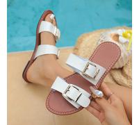Nouvelles sandales mules plates à double bride avec boucle métallique minimaliste, décontractées et polyvalentes, pour la plage, les vacances sur une île et les voyages, sandales blanches, sandales ma