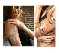 NOVAGO 8 Planches 21 x 10 cm de Tatouages éphémères métalliques brillants , nouveaux motifs variés (argenté et doré)