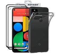 NOVAGO Compatible avec Google Pixel 5A 5G - Pack Protection - Coque Arrière Transparente en Silicone TPU + 2 Films de Protection écran en Verre Trempé (Couverture Totale, Contour Noir)