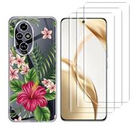 NOVAGO Compatible avec Honor 200 5G -Pack Complet- Coque Transparente Souple avec Motif imprimé + 3 Films Protection écran vitre Verre trempé 3D incurvé avec Colle fournie (Exotique)