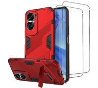 NOVAGO Compatible avec Honor 90 Lite 5G -Coque Rouge Résistante avec Support Pied Pliable+ 2 Films vitre Protection écran Verre trempé